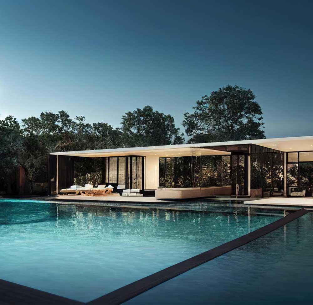 Glass-walled pavilion lit at dusk beside a large still pool surrounded by trees